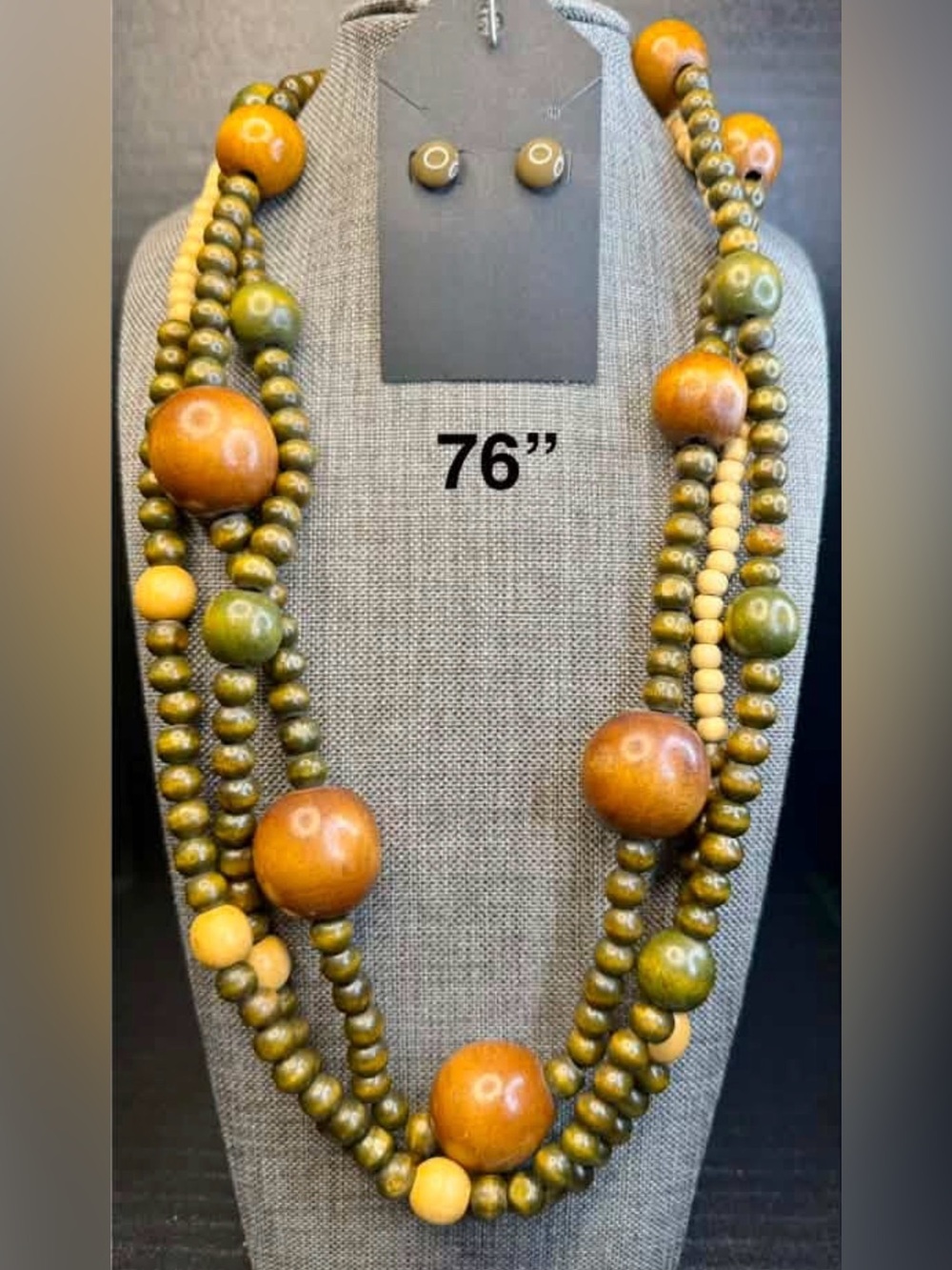 Multi-Strand Olive Green and Brown Wooden Bead Necklace